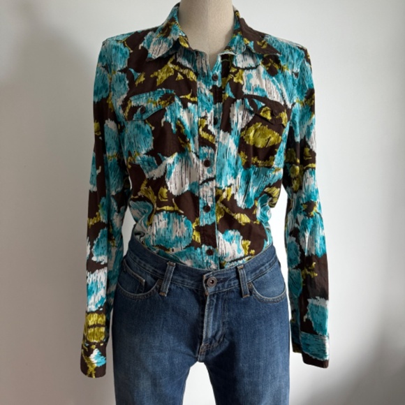 Jones New York Sport - Brown and Blue Floral Long Sleeve Button Down Shirt - Picture 1 of 11